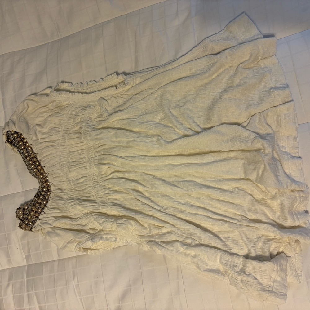 Free People Cream Top with Embellished Neckline
